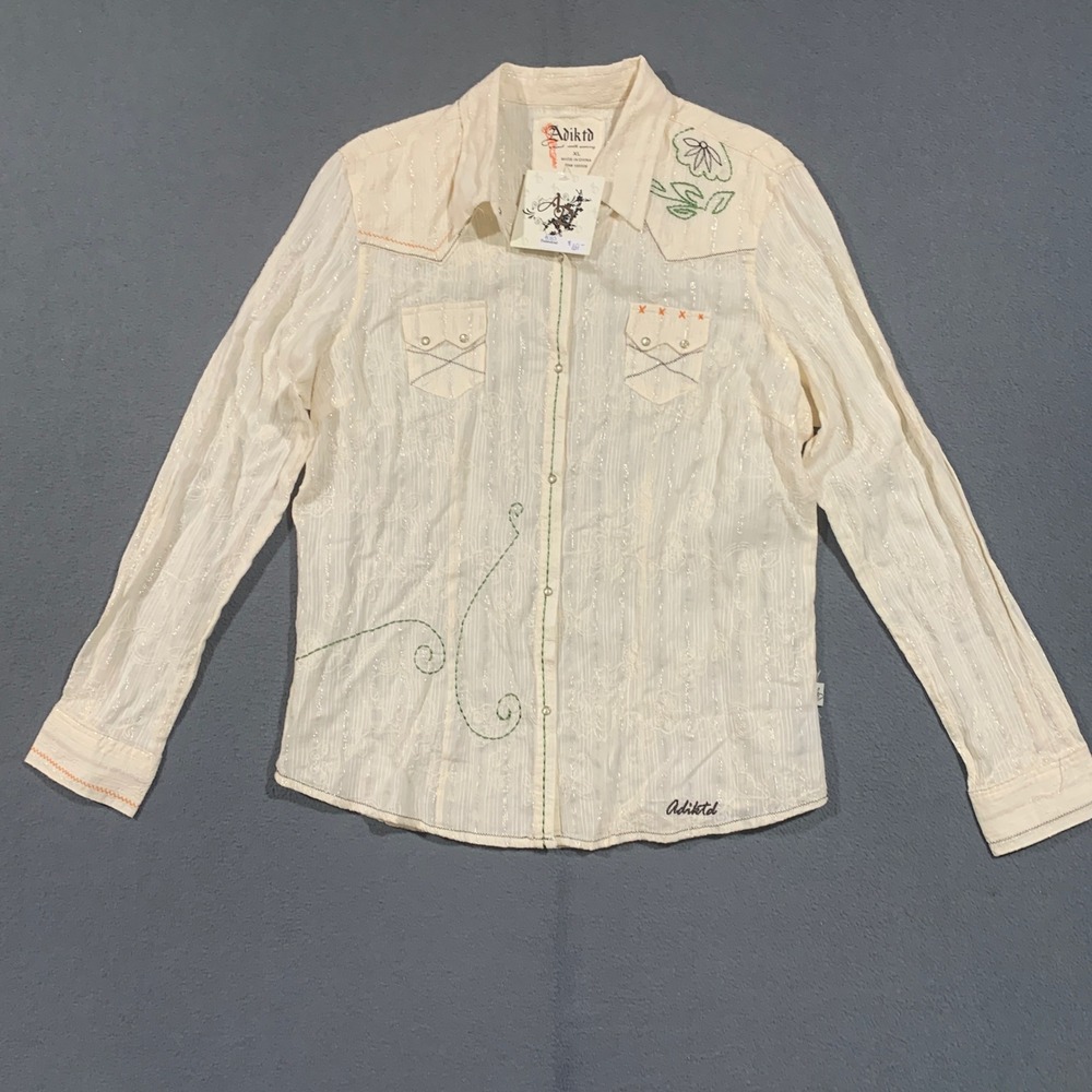 Adiktd Farmstead Women XL Cream Western Snap Button Shirt Embroidered Sheer NWT